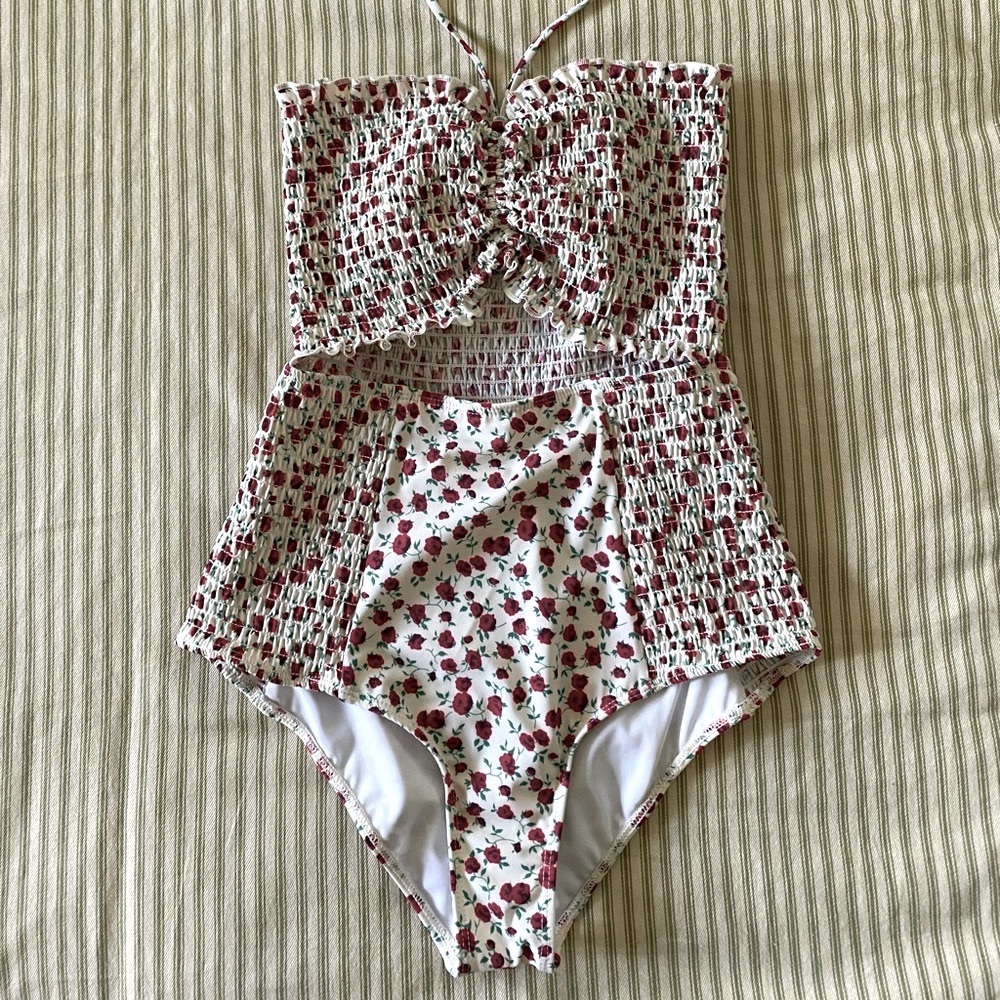 REFORMATION Floral One Piece Cut Out Tropicana Smocked Bathing Suit- S